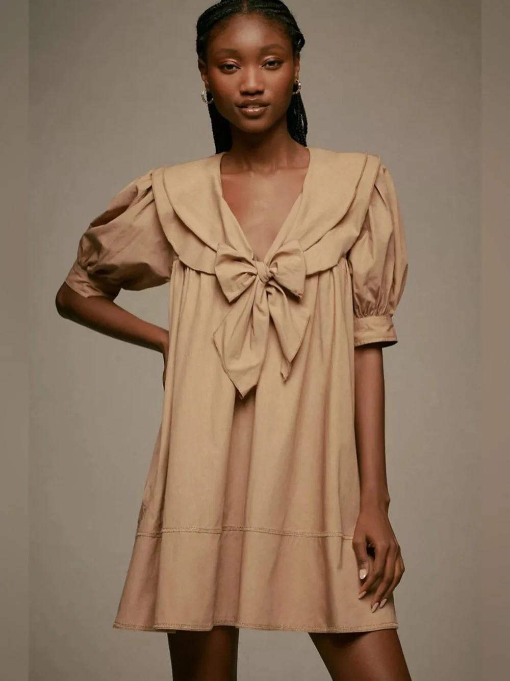 Pilcro Bow-Front Tunic Cotton Mini Dress Khaki/Tan Size M - Picture 4 of 12